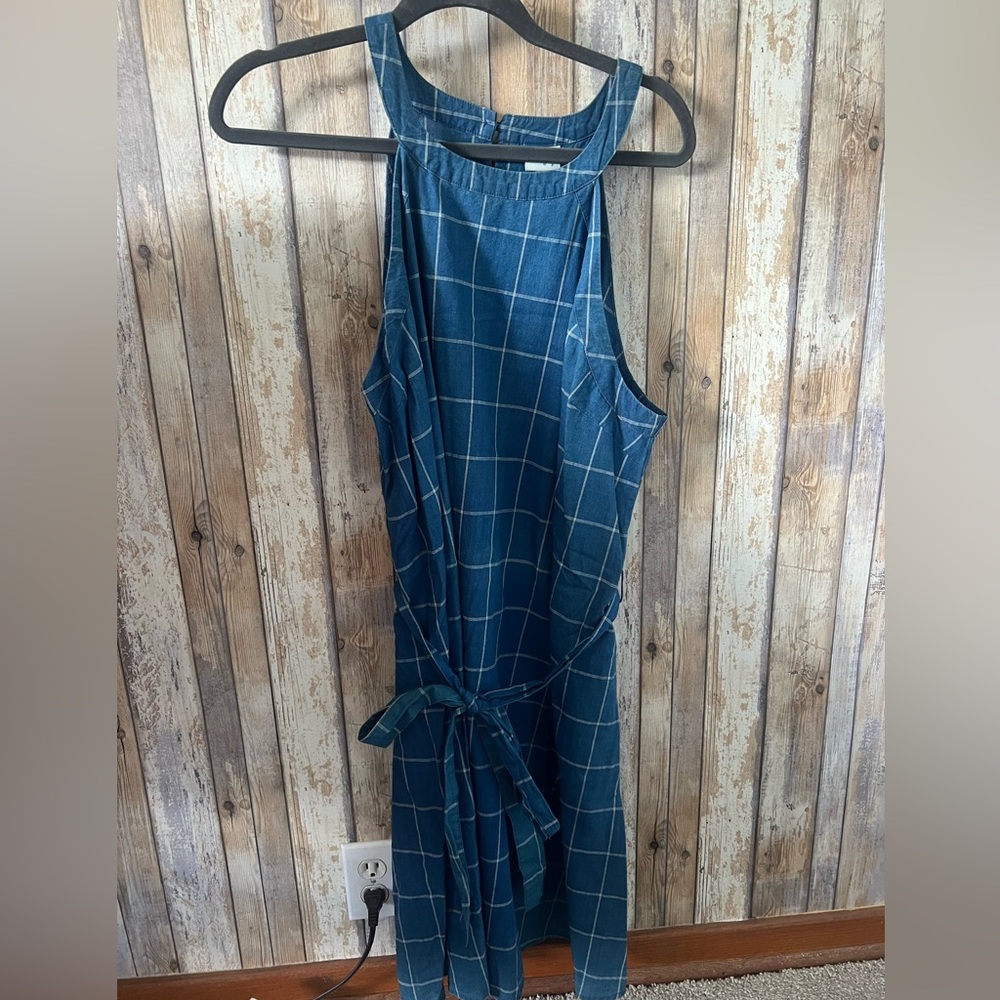 Blue jean striped tank top dress with a tie belt around the waist